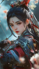 Warrior maiden amid petals and armor’s quiet glimmer.