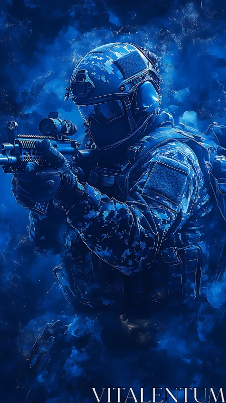 Tactical soldier portrait in blue digital combat armor.