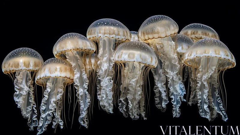 Translucent jellyfish cluster glows against black void