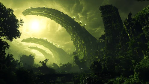 Curved megastructures overgrown by dense green forest.