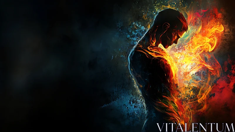 Fiery silhouette leans into glowing light in swirling color