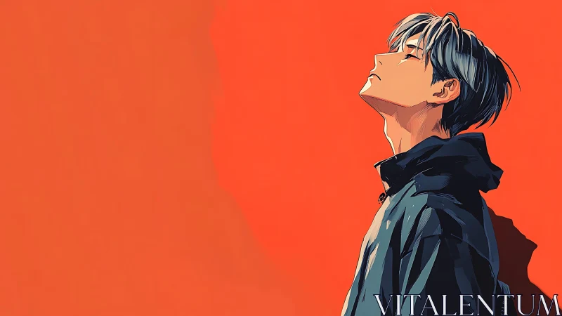 Solitary youth in profile absorbs stark orange silence