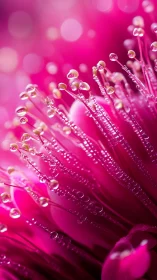Macro dew on vivid pink flower stamens in shallow focus.