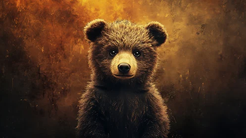 Warm-lit young bear portrait against textured amber haze.