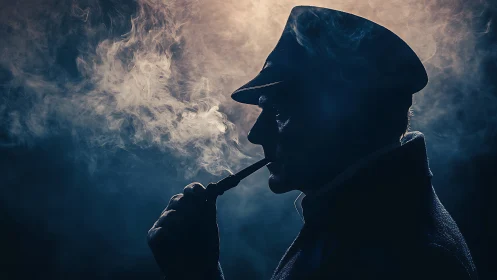 Moody sailor silhouette quietly enjoys a pipe in swirling smoke