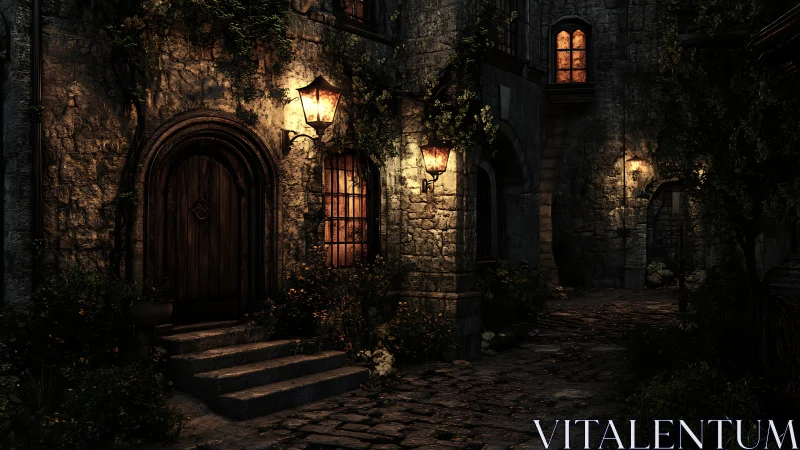 Lanternlit stone alley quietly rehearses midnight fairy tales