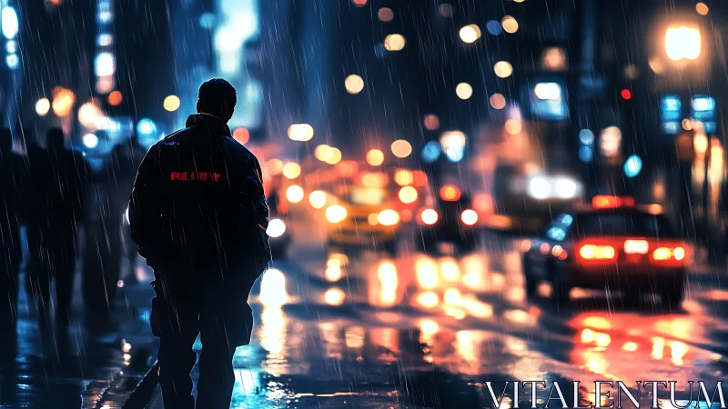 Lone officer walks through neon city streets in heavy rain