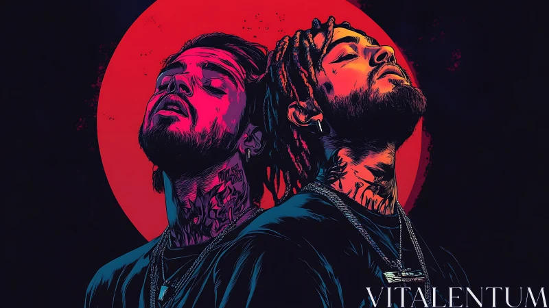 Neon twin swagger under a burning crimson moon halo.