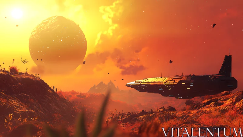 Spaceship crosses alien landscape under glowing orange star