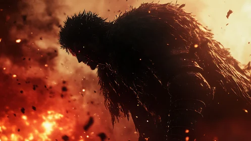 Armored shadow warrior in burning ember storm, side profile