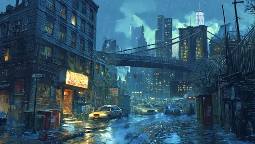 Rain-soaked neo-noir bridge district with wet reflective streets