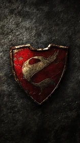 Weathered red shield with gold emblem on dark stone wall.