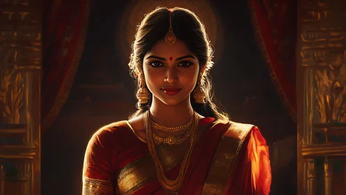 Elegant Indian Woman in Traditional Saree with Golden Jewelry, Portrait Style.