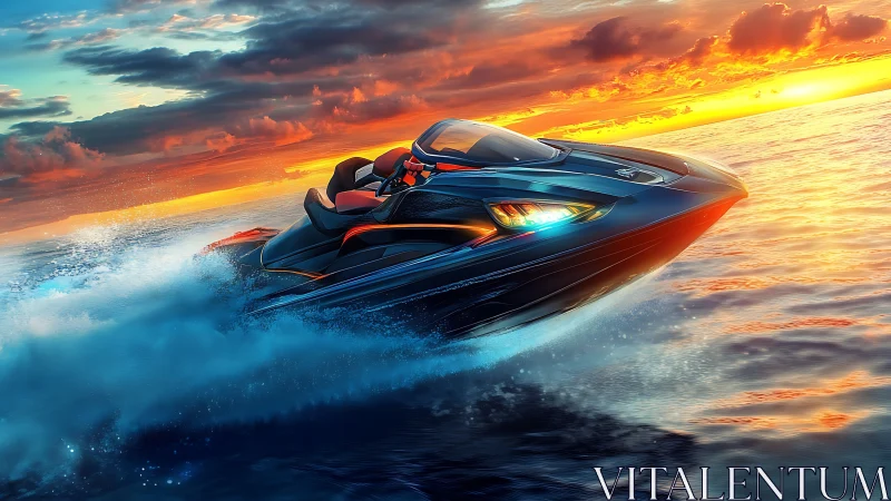 Futuristic jet ski slices neon-lit waves at sunset seascape.