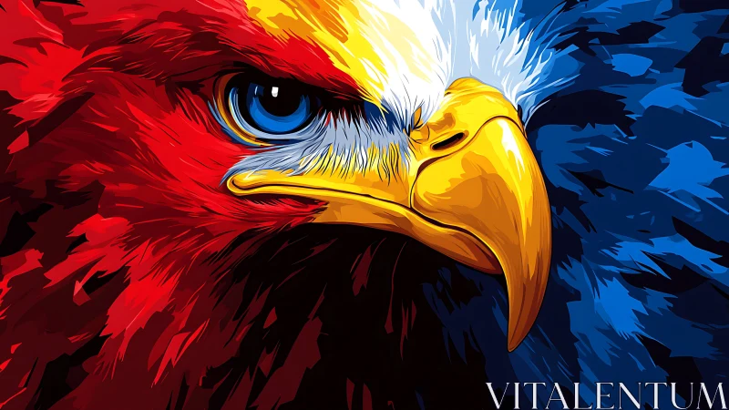 Vibrant Digital Art of a Bald Eagle in Bold Red and Blue Colors.