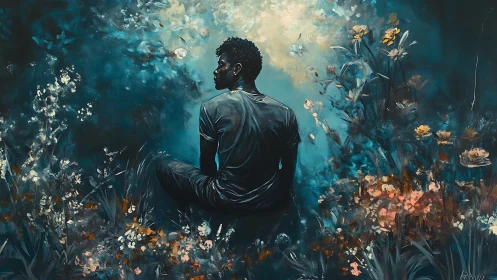 Solitary dreamer bathed in teal dusk amid wild blossoms.
