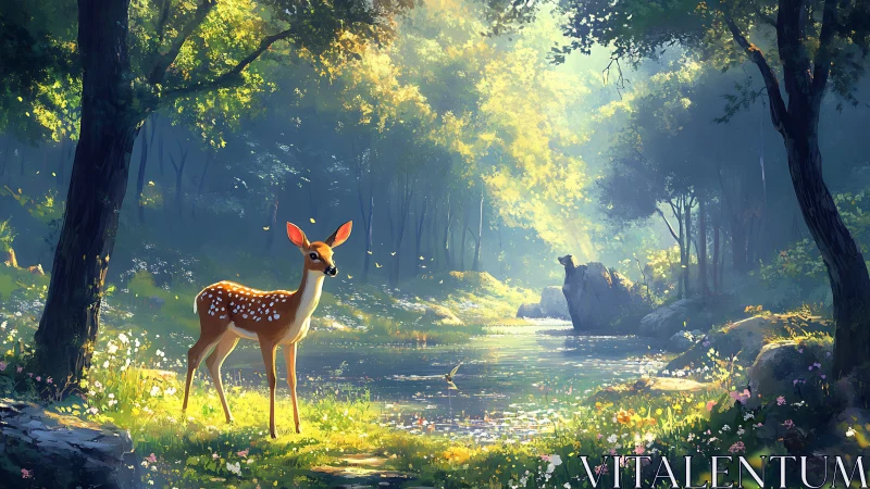 Young deer pauses by a sunlit forest stream in spring