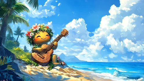 Tropical mascot plays wooden ukulele on sunlit beach shoreline