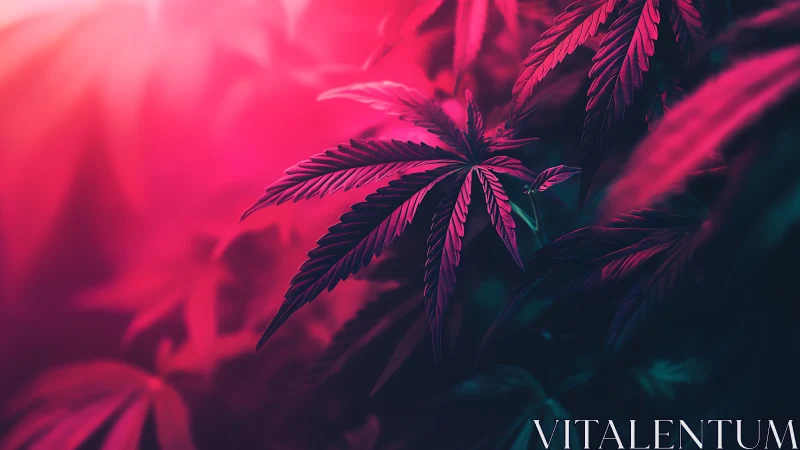 Glowing neon leaves basking in dreamy pink twilight light.