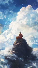 Monk sits on mountain peak surrounded by expansive clouds