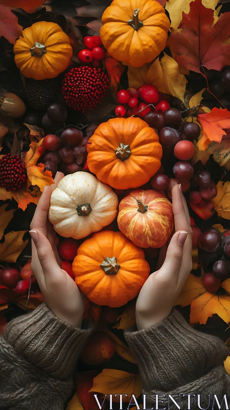 Hands cradle mini pumpkins amid rich autumn harvest palette.