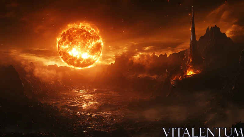 Molten exoplanet wasteland under colossal burning sun.