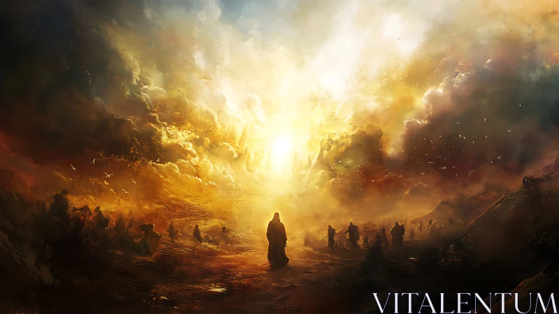Backlit robed figures advance toward an apocalyptic luminous vortex