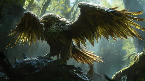 Majestic fantasy eagle in sunlit forest, digital painting style.