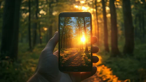 Sunlit forest trail framed inside a glowing smartphone screen.