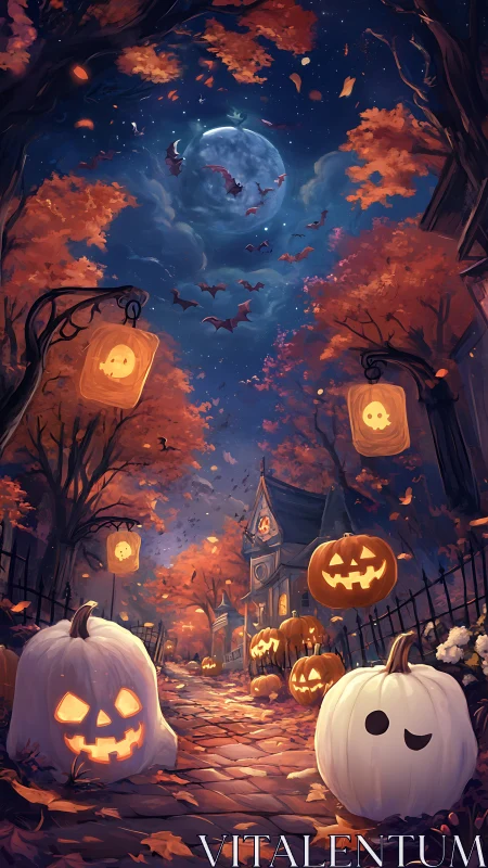 Moonlit pumpkin parade along a whimsically haunted lane.