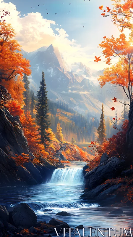 Autumnal alpine cascade with volumetric light and aerial haze.