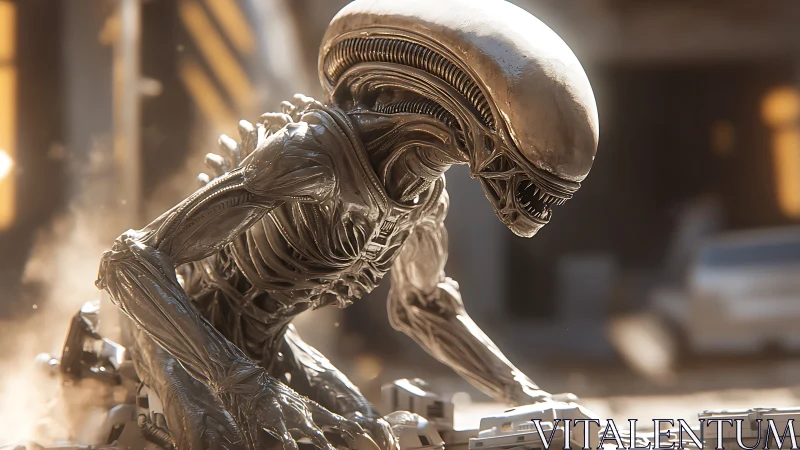 Sleek alien creature prowls a dusty futuristic city street