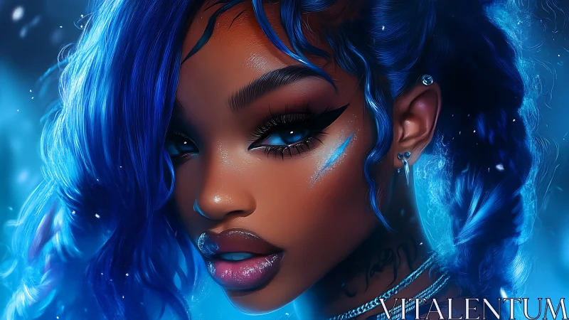 Cyberpunk portrait shows blue haired woman with neon glow