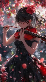 Violinist in black dress under luminous falling petals.