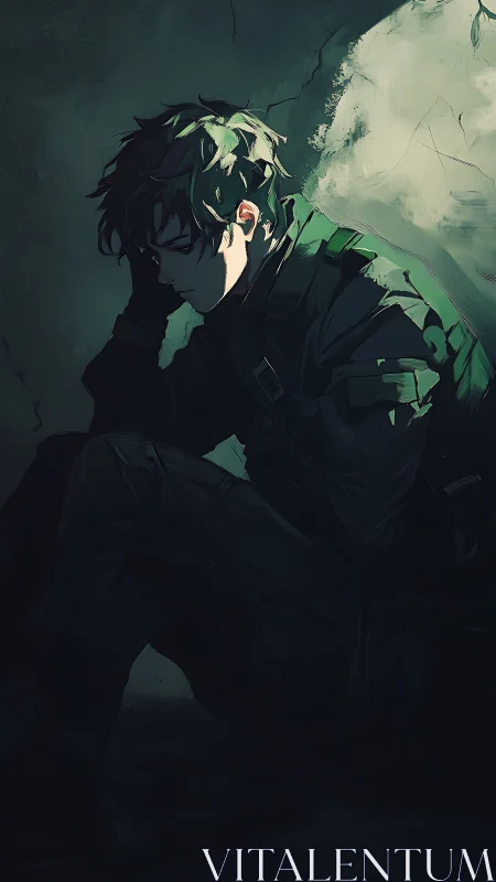 Solitary seated figure in dark green shaded environment.