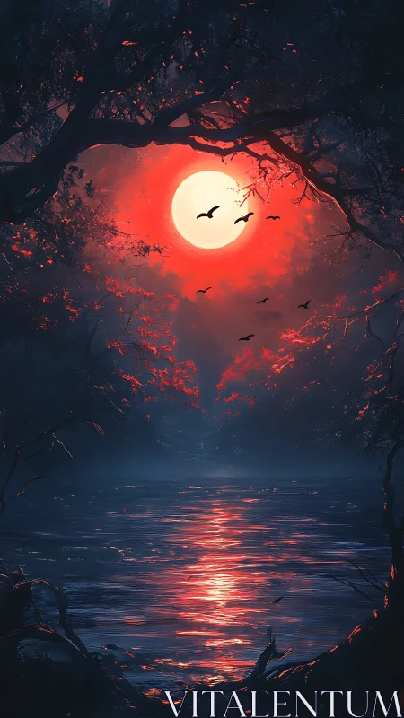Blood-red moon over dark forest river at twilight.