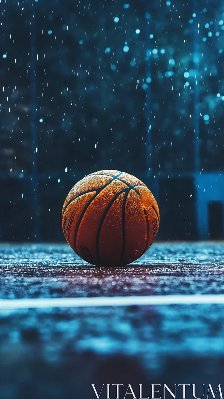 Lone basketball on wet court under dramatic blue rainlight.