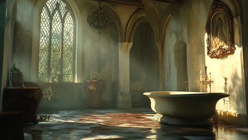 Sunlit gothic bath hall quietly trades dust for daydreams