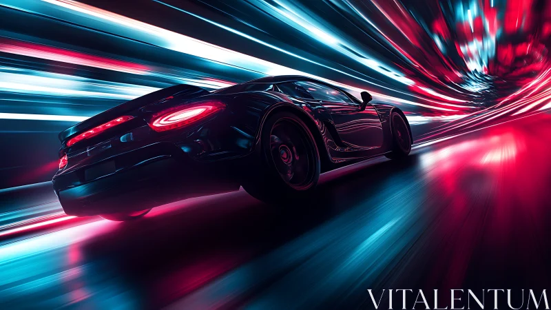 Sports car accelerates through neon light tunnel at speed