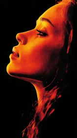 Side profile portrait glows in fiery red against black void