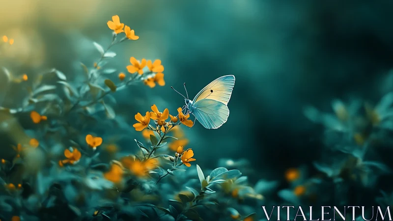 Luminous white butterfly poised among teal forest blossoms.