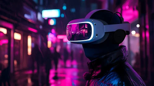 VR headset user in neon-lit rainy cityscape with reflective visor