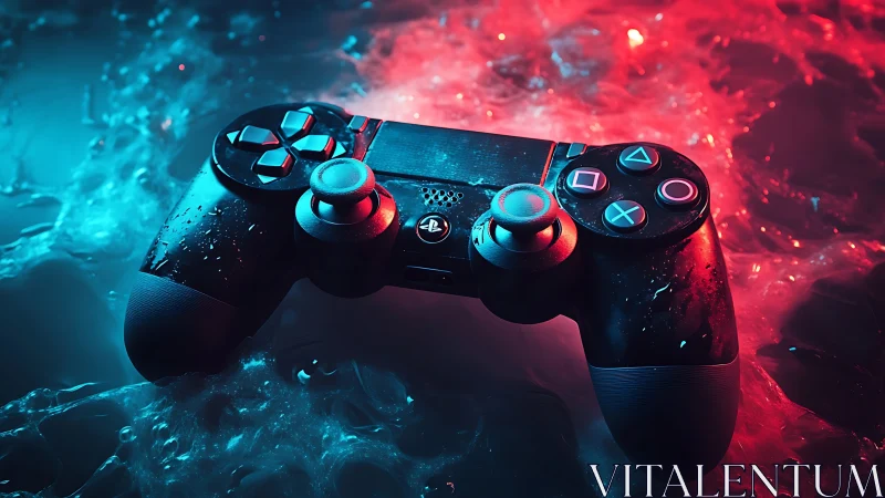 Gaming controller in neon blue and red light on wet surface.