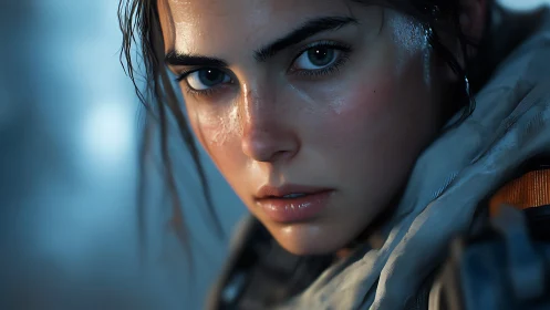 Close portrait shows young woman with wet, intensely lit face
