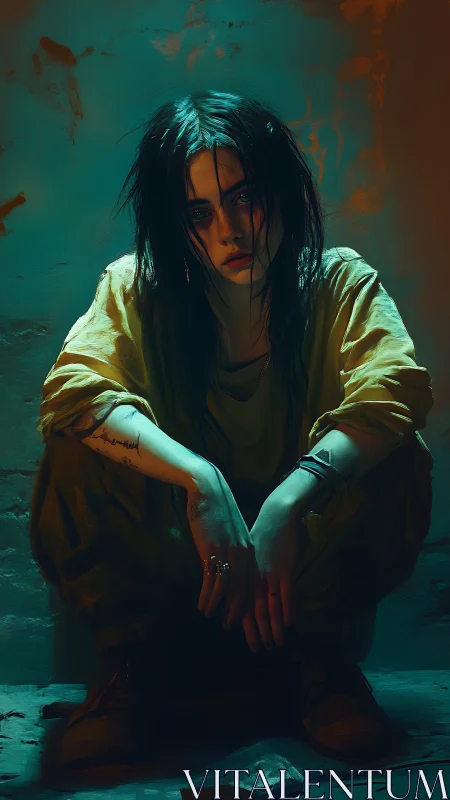 Brooding woman crouches in teal and amber chiaroscuro.