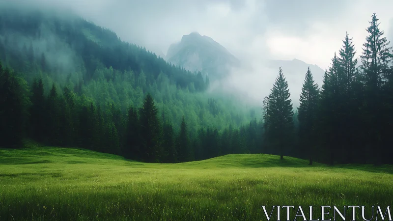 Alpine Valley with Coniferous Forest Canopy and Mountain Peaks