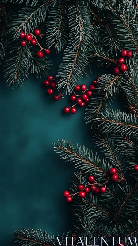 Evergreen fir branches and red berries frame matte teal background