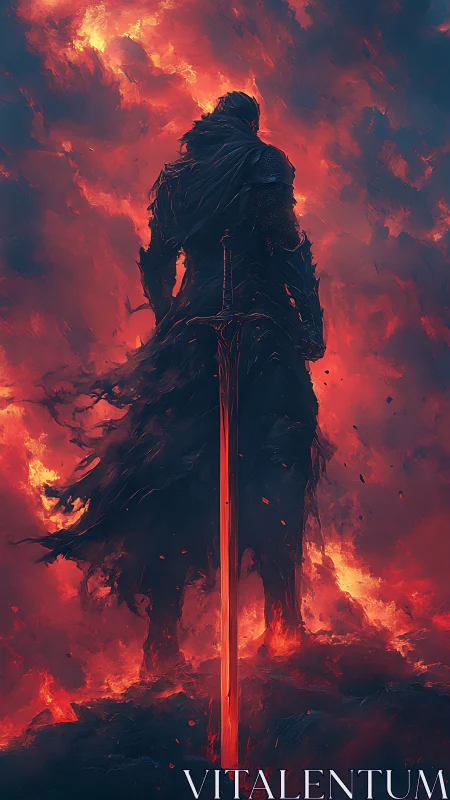 Dark armored warrior stands amid infernal firestorm.
