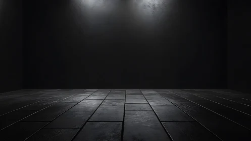 Minimalist dark interior with tiled floor perspective study.