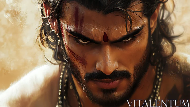 Intense warrior portrait with blood mark and fierce stare.